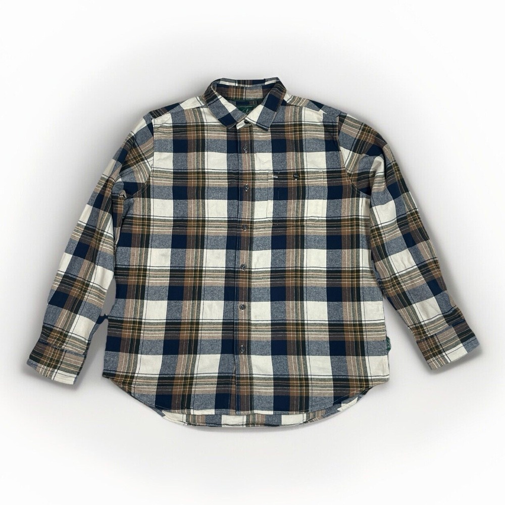 Woolrich Mens Long Sleeve Flannel Shirt Pen Pocket Beige Brown Blue XL*